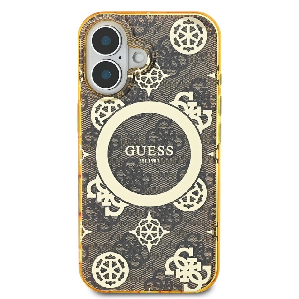 Husa pentru iPhone 16, Guess MagSafe Denim Pattern, Compatibila, Cadru Silicon, Logo Auriu, Design Slim, Maro - 1 | YEO