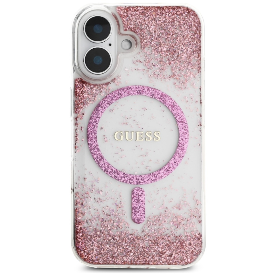 Husa pentru iPhone 16, Hardcase Resin Bottom Glitter MagSafe, Guess - Roz - 2 | YEO