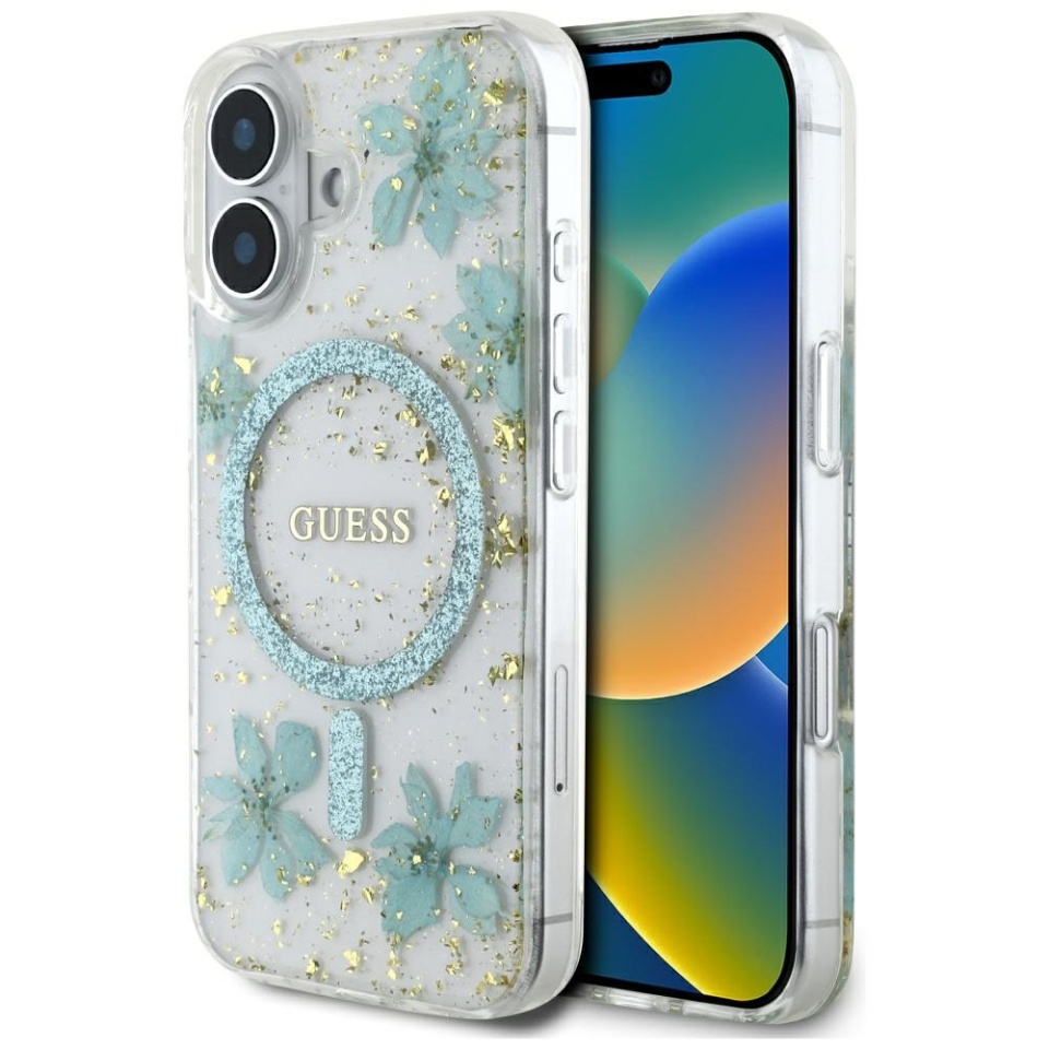 Husa pentru iPhone 16, Hardcase Resin Flowers and Glitter MagSafe, Guess - Turcoaz