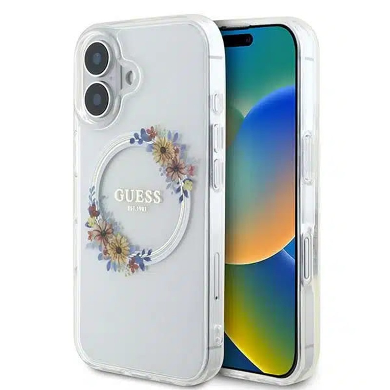 Husa pentru iPhone 16, IML Flowers Wreath MagSafe, Guess - Transparenta