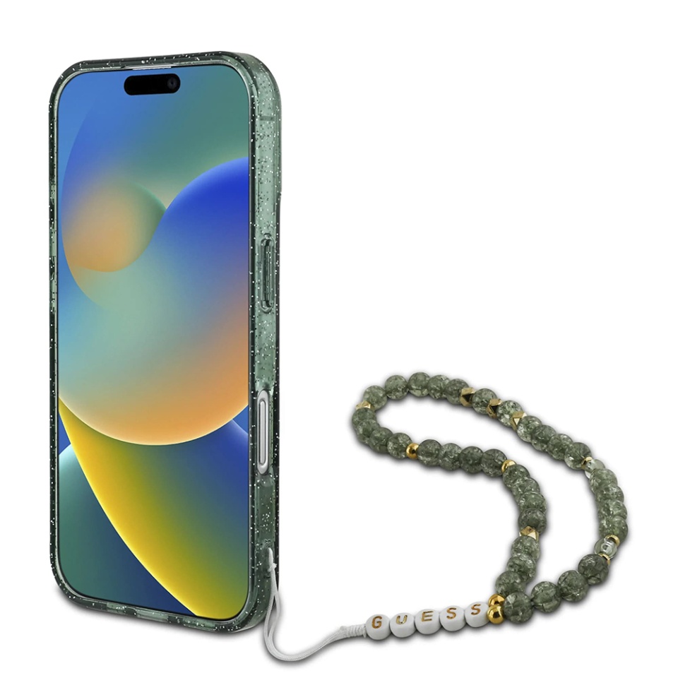 Husa pentru iPhone 16 Plus, IML Glitter with Pearl Strap MagSafe, Guess - Verde - 2 | YEO