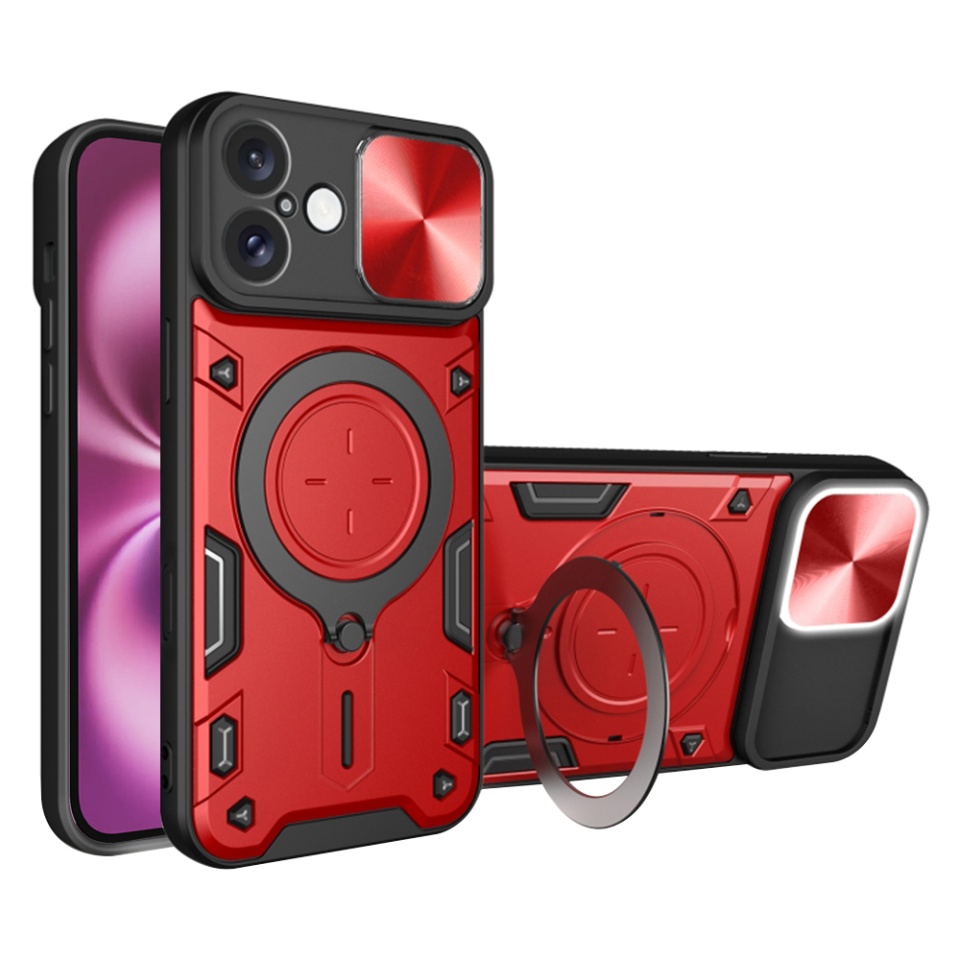 Husa pentru iPhone 16 Plus, SKYDDAR INNOVATION, CamGuard Pro, Inel Magnetic, Protectie Camera, Rosu, set cu sticker