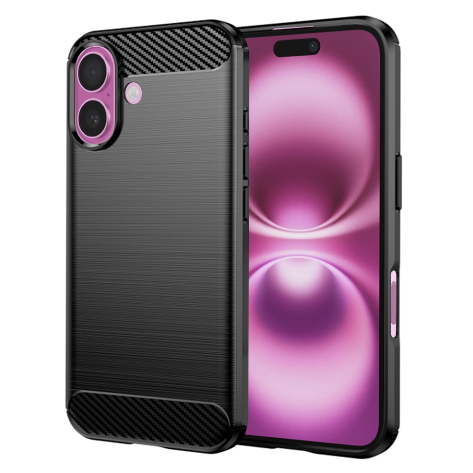 Husa pentru iPhone 16 Plus, SKYDDAR INNOVATION, Carbon Silicone, din Silicon Premium, Slim, cu textura Fibra Carbon, Negru, set cu sticker