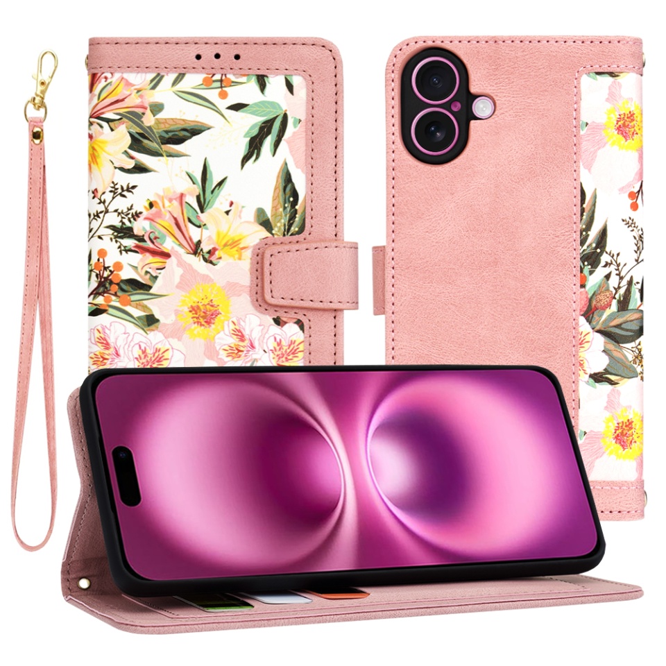 Husa pentru iPhone 16 Plus, SKYDDAR INNOVATION, Floral Wallet, din Piele Ecologică cu Design Floral, Protecție 360°, Stand Integrat, Buzunare pentru Carduri, Roz, set cu sticker