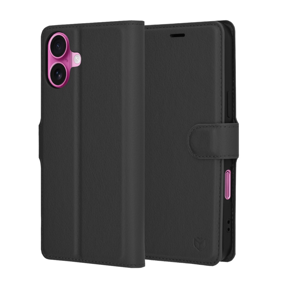 Husa pentru iPhone 16 Plus, SKYDDAR INNOVATION, Leather Folio, tip Carte, cu Portofel Interior, Finisaje Premium, Negru, set cu sticker