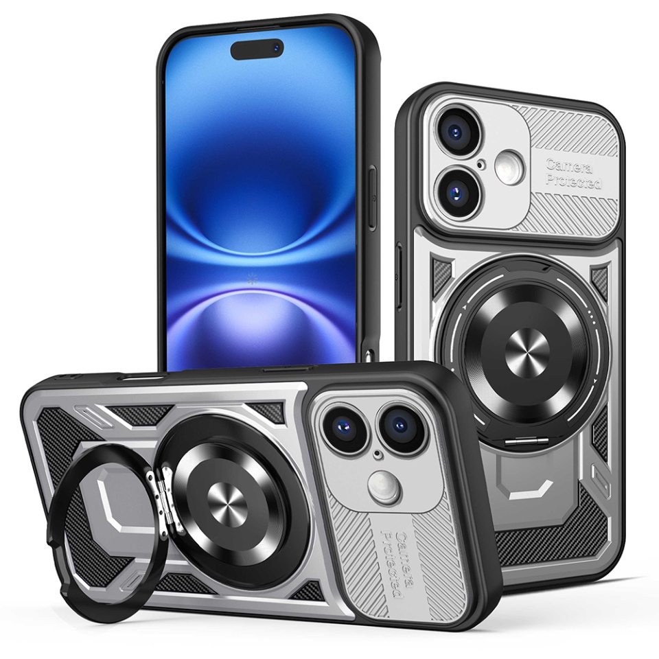 Husa pentru iPhone 16 Plus, SKYDDAR INNOVATION, RuggedCam, Inel magnetic antisoc, set cu sticker, Gri