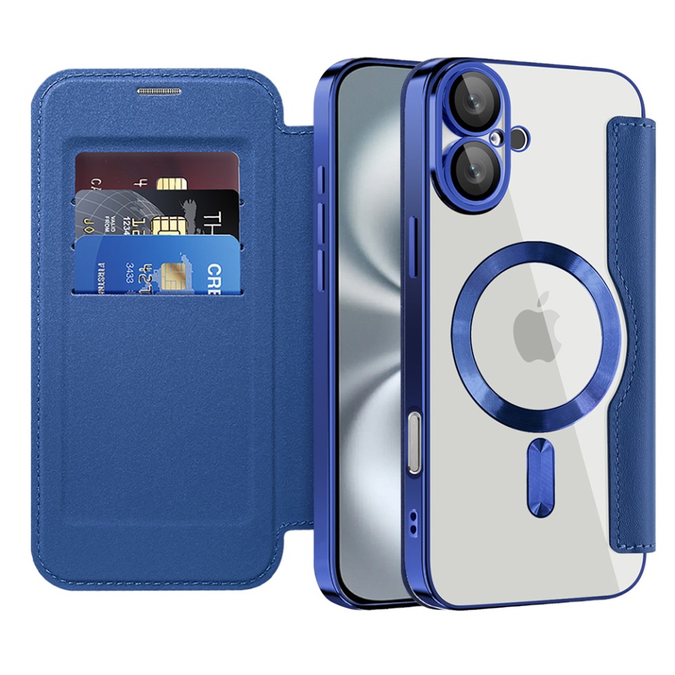 Husa pentru iPhone 16 Plus tip carte, SKYDDAR INOVATION, SmartMag Book, Magsafe, RFiD, Suport Carduri, set cu sticker, Albastru