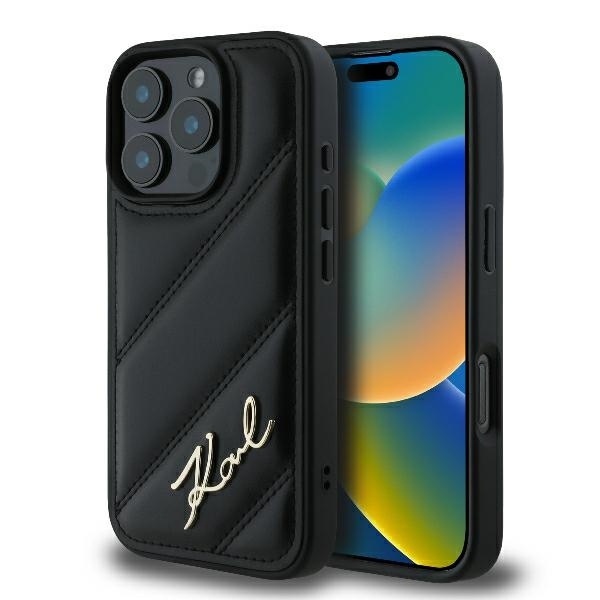 Husa pentru iPhone 16 Pro, Diagonal Quilted Script, Karl Lagerfeld - Negru