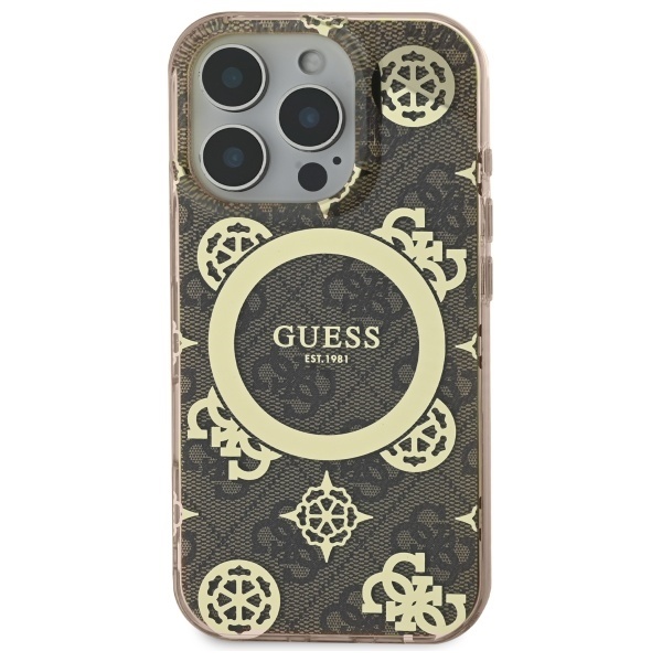 Husa pentru iPhone 16 Pro, Guess MagSafe Denim Pattern, Compatibila, Cadru Silicon, Logo Auriu, Design Slim, Maro - 2 | YEO