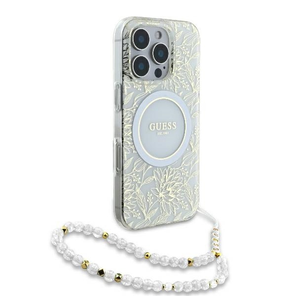 Husa pentru iPhone 16 Pro, IML Flowers Allover Electro With Pearl Strap MagSafe, Guess - Alb - 3 | YEO