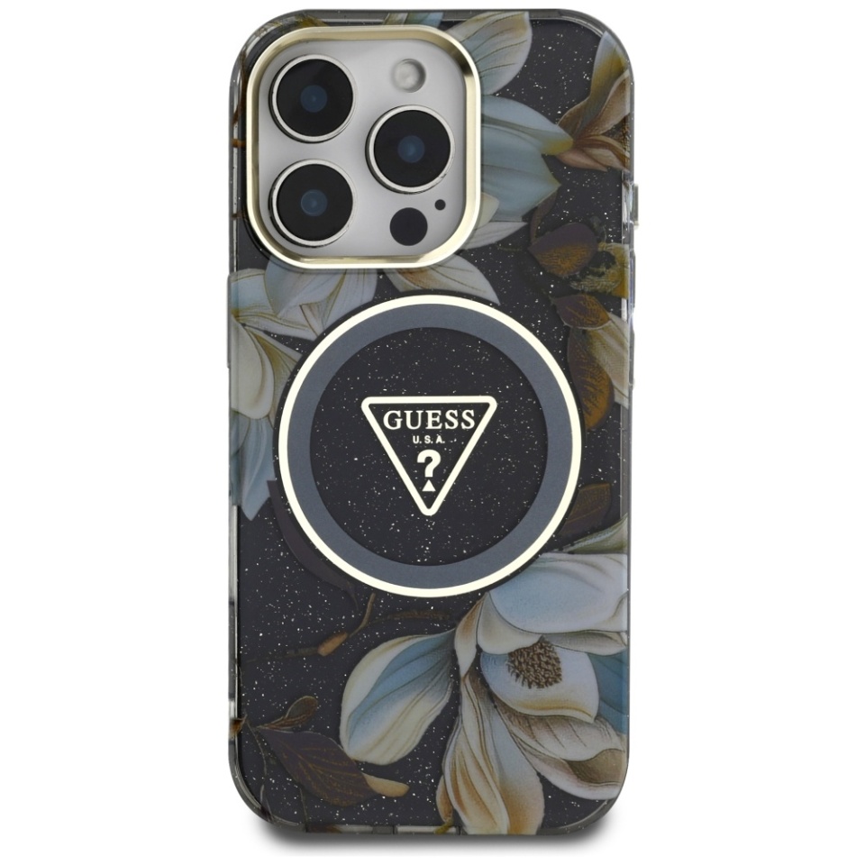 Husa pentru iPhone 16 Pro, IML Flowers with Pearl Strap MagSafe, Guess - Negru - 1 | YEO