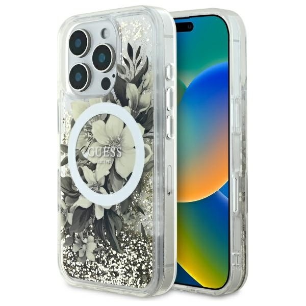 Husa pentru iPhone 16 Pro Liquid Glitter Flower MagSafe, Guess - Bej