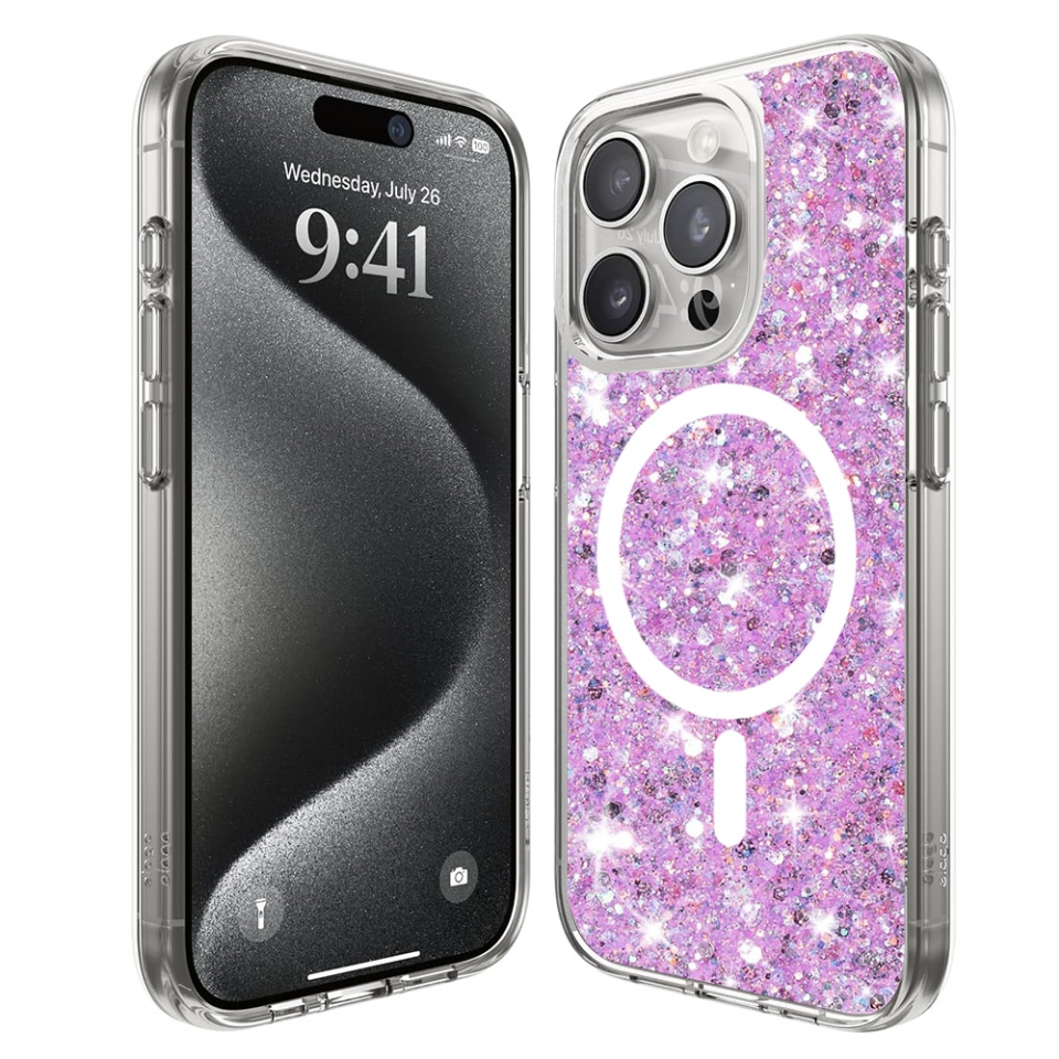 Husa pentru iPhone 16 Pro Max din Silicon cu Sclipici, Fundal Detasabil, Protectie Completa, SKDR SparkleCase - Magenta