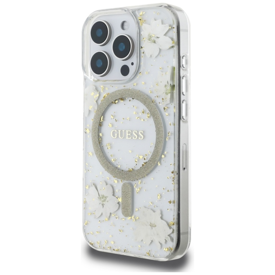 Husa pentru iPhone 16 Pro Max, Hardcase Resin Flowers and Glitter MagSafe, Guess - Bej - 3 | YEO