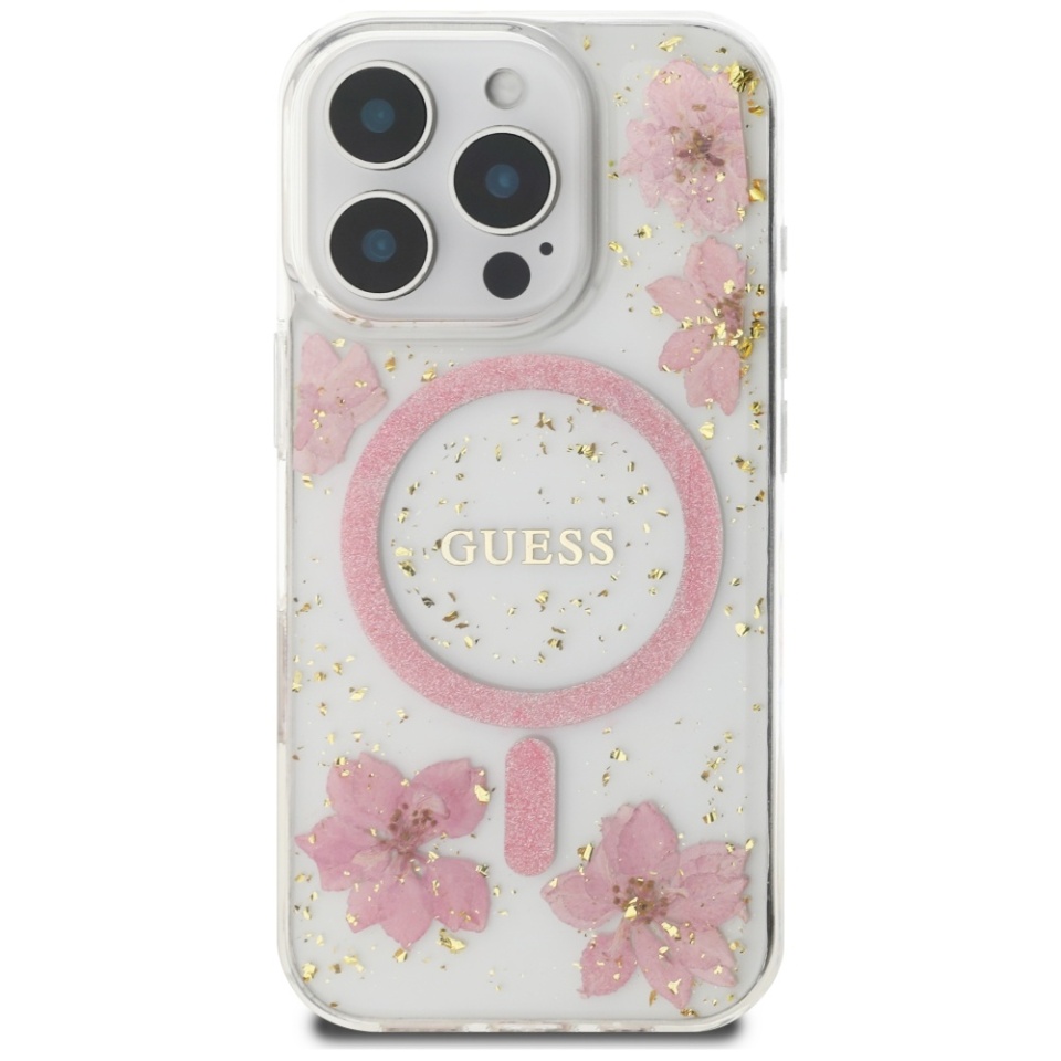 Husa pentru iPhone 16 Pro Max, Hardcase Resin Flowers and Glitter MagSafe, Guess - Roz - 2 | YEO