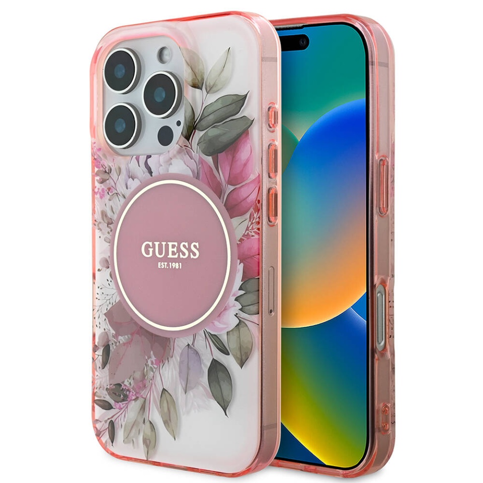 Husa pentru iPhone 16 Pro Max, IML Flower & Tonal Circle MagSafe, Guess - Roz