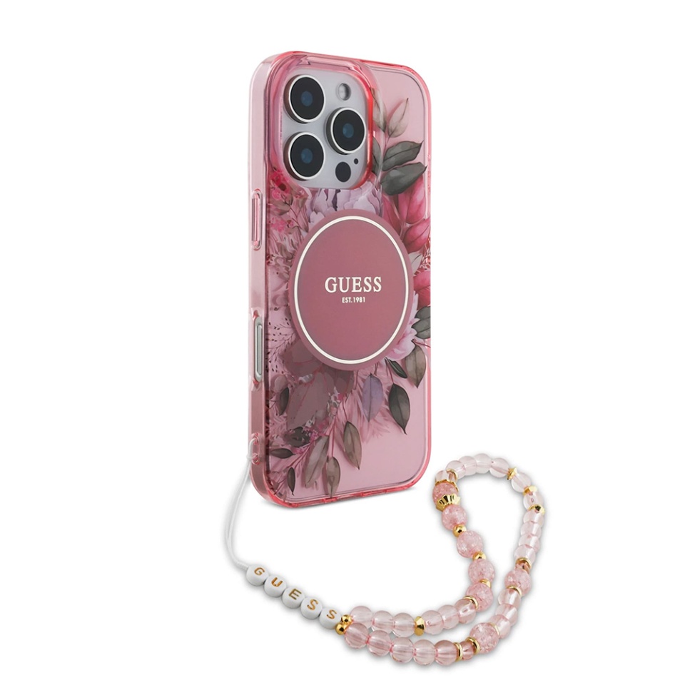 Husa pentru iPhone 16 Pro Max, IML Flowers with Pearl Strap MagSafe, Guess - Roz - 1 | YEO