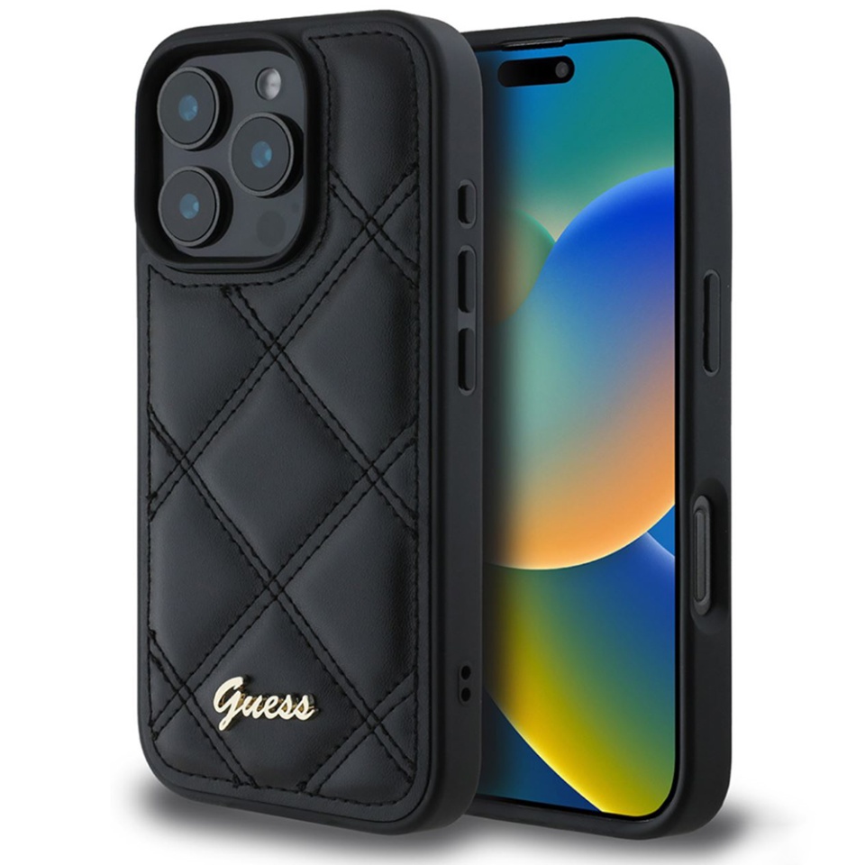 Husa pentru iPhone 16 Pro Max Quilted Metal Logo, Guess - Negru