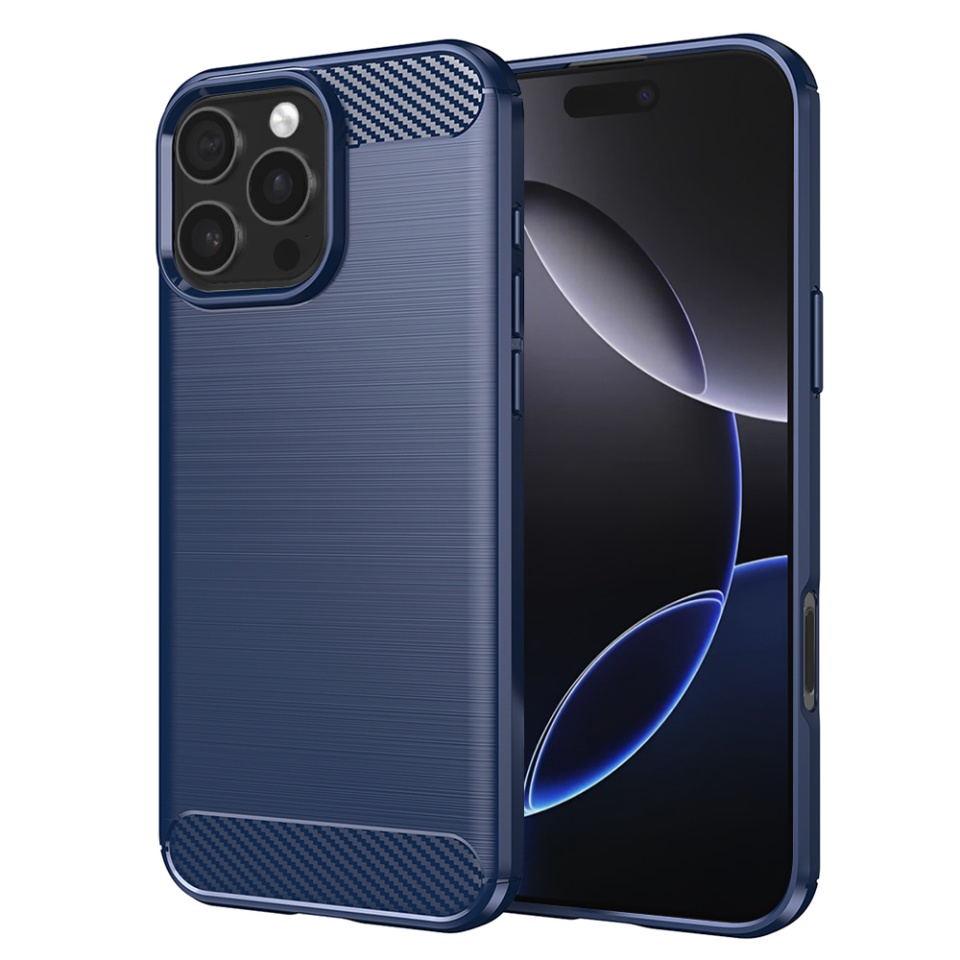 Husa pentru iPhone 16 Pro Max, SKYDDAR INNOVATION, Carbon Silicone, din Silicon Premium, Slim, cu textura Fibra Carbon, Albastru, set cu sticker