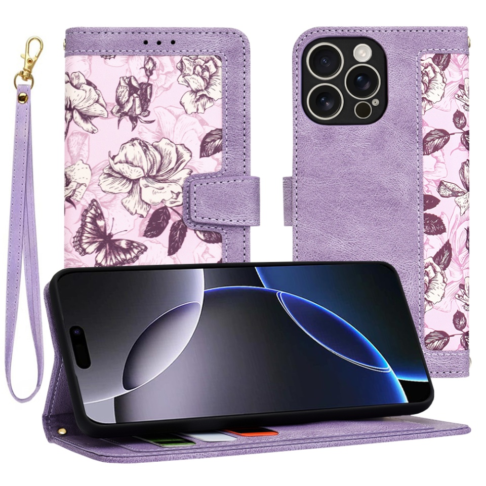 Husa pentru iPhone 16 Pro Max, SKYDDAR INNOVATION, Floral Wallet, din Piele Ecologică cu Design Floral, Protecție 360°, Stand Integrat, Buzunare pentru Carduri, Mov, set cu sticker
