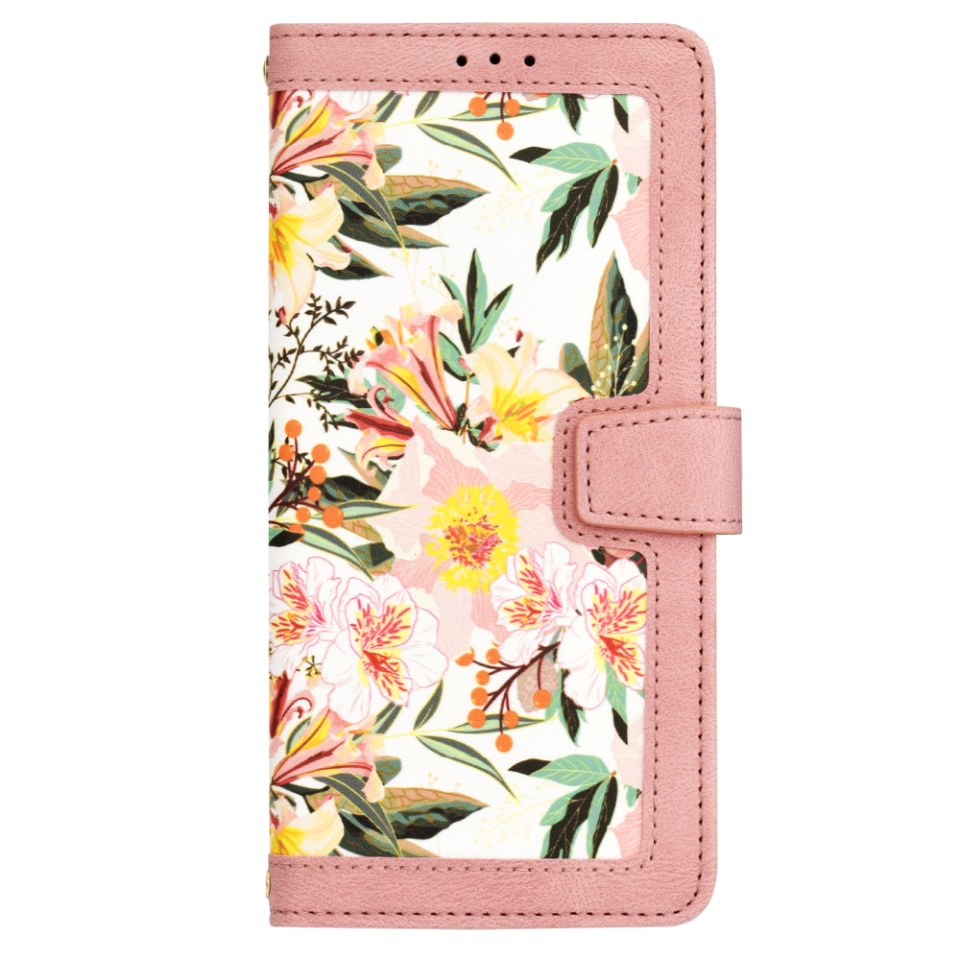 Husa pentru iPhone 16 Pro Max, SKYDDAR INNOVATION, Floral Wallet, din Piele Ecologică cu Design Floral, Protecție 360°, Stand Integrat, Buzunare pentru Carduri, Roz, set cu sticker - 2 | YEO