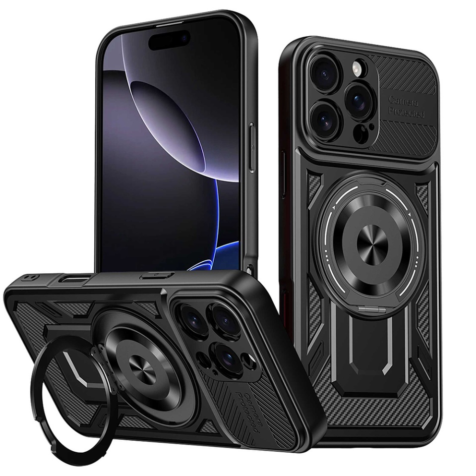 Husa pentru iPhone 16 Pro Max, SKYDDAR INNOVATION, RuggedCam, Inel magnetic antisoc, set cu sticker, Negru