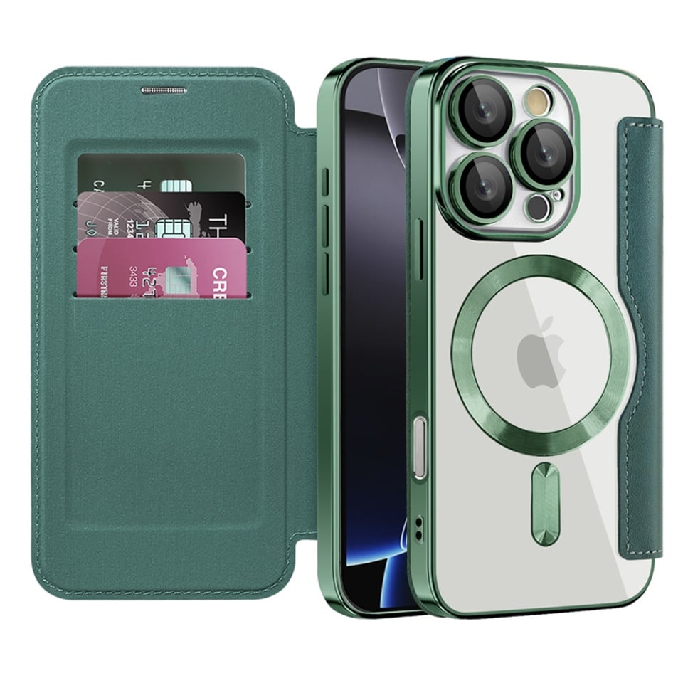 Husa pentru iPhone 16 Pro Max tip carte, SKYDDAR INOVATION, SmartMag Book, Magsafe, RFiD, Suport Carduri, set cu sticker, Verde