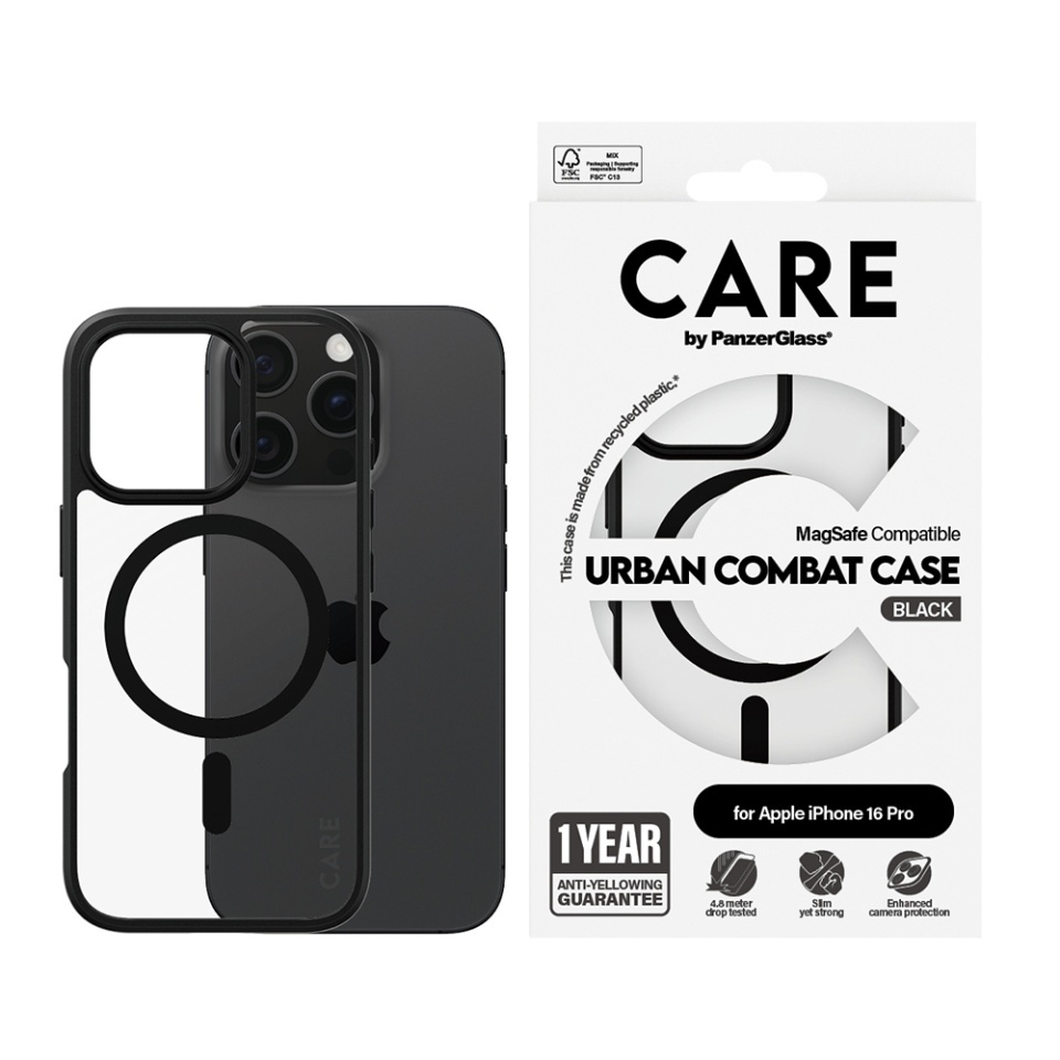 Husa pentru iPhone 16 Pro, PanzerGlass, CARE Flagship Urban Combat Black MagSafe, Anti-Soc 4.8m, Anti-Ingalbenire, Design Slim, Compatibila MagSafe, Negru;transparenta - 2 | YEO