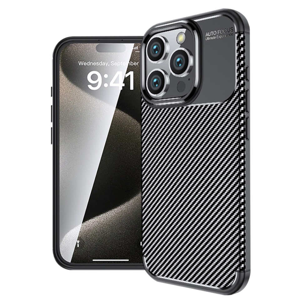 Husa pentru iPhone 16 Pro, SKYDDAR INNOVATION, CarbonFiber, Antisoc, Negru, set cu sticker