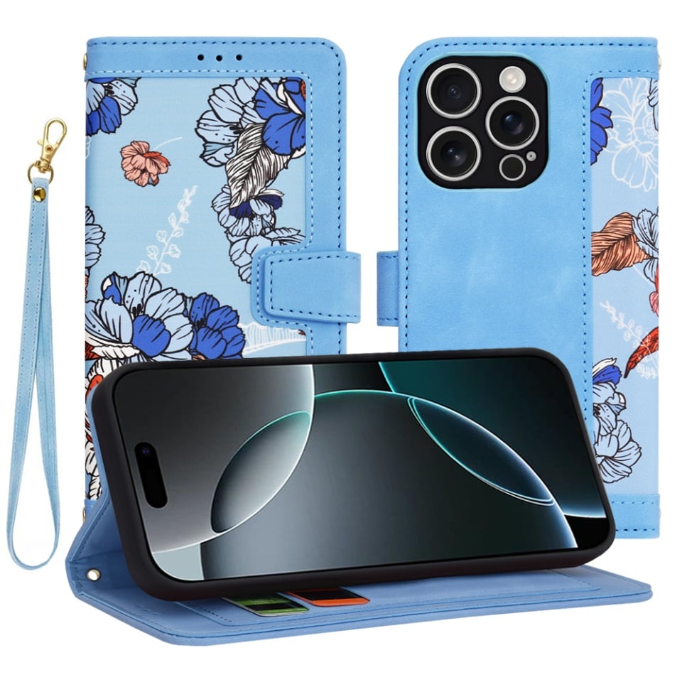 Husa pentru iPhone 16 Pro, SKYDDAR INNOVATION, Floral Wallet, din Piele Ecologică cu Design Floral, Protecție 360°, Stand Integrat, Buzunare pentru Carduri, Bleu, set cu sticker