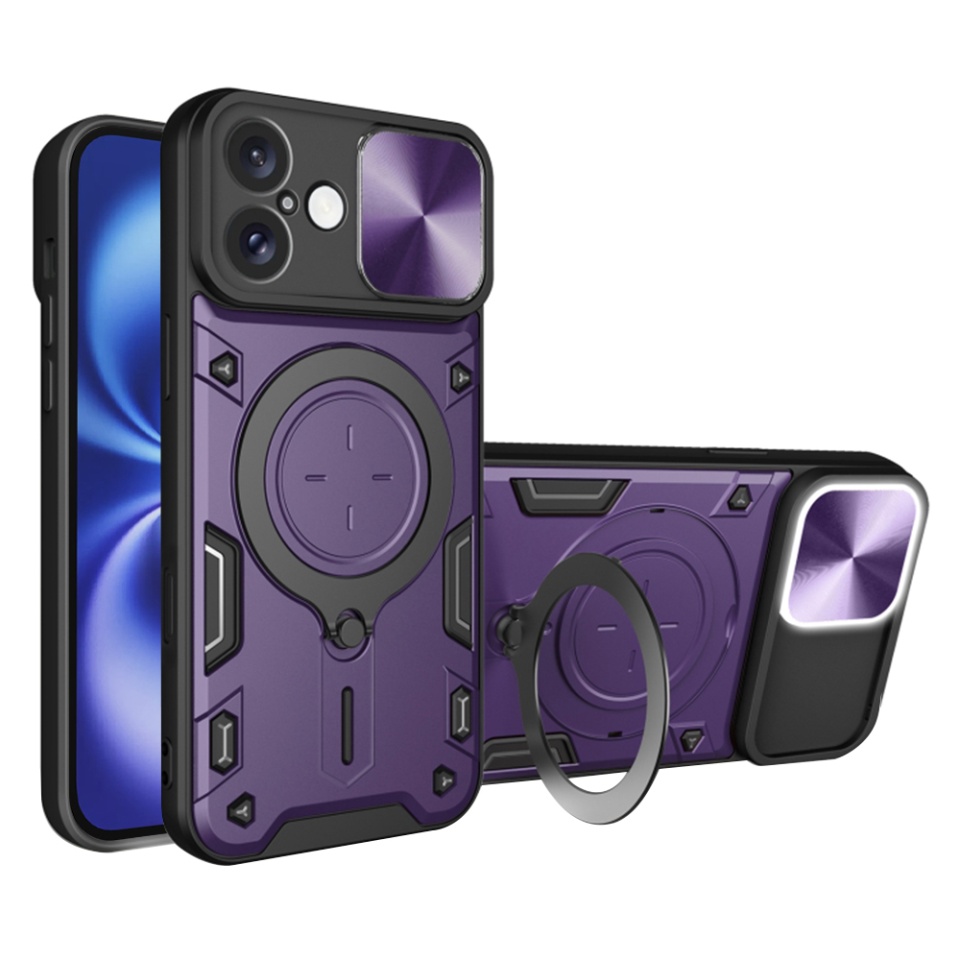 Husa pentru iPhone 16, SKYDDAR INNOVATION, CamGuard Pro, Inel Magnetic, Protectie Camera, Mov, set cu sticker