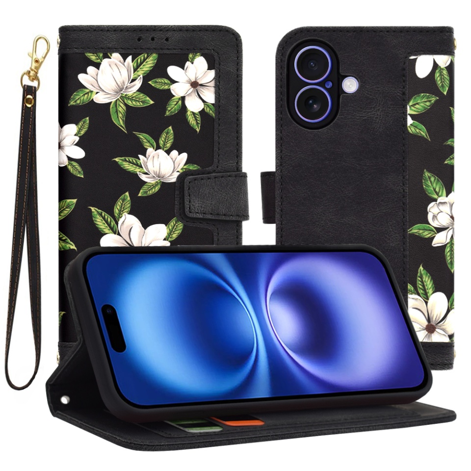 Husa pentru iPhone 16, SKYDDAR INNOVATION, Floral Wallet, din Piele Ecologică cu Design Floral, Protecție 360°, Stand Integrat, Buzunare pentru Carduri, Negru, set cu sticker