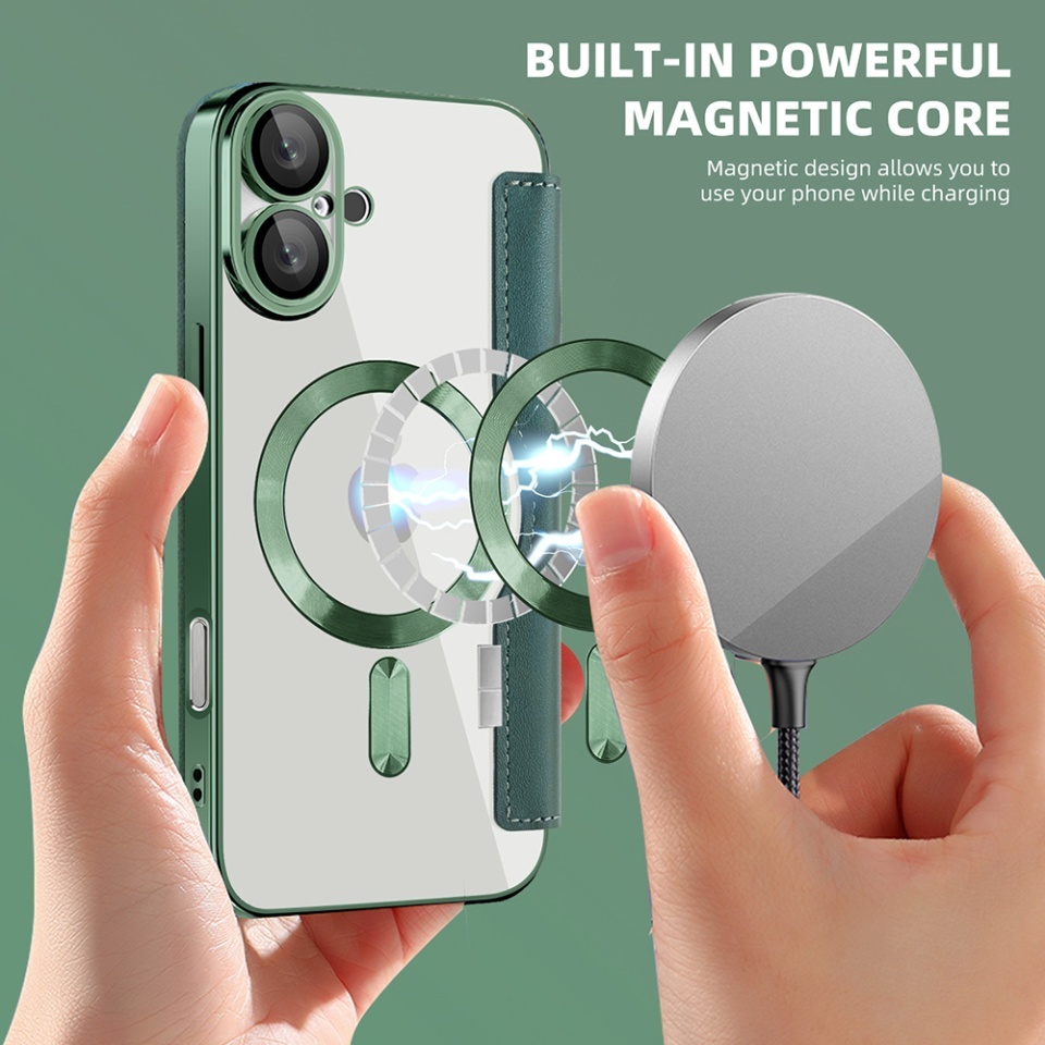Husa pentru iPhone 16 tip carte, SKYDDAR INOVATION, SmartMag Book, Magsafe, RFiD, Suport Carduri, set cu sticker, Verde - 6