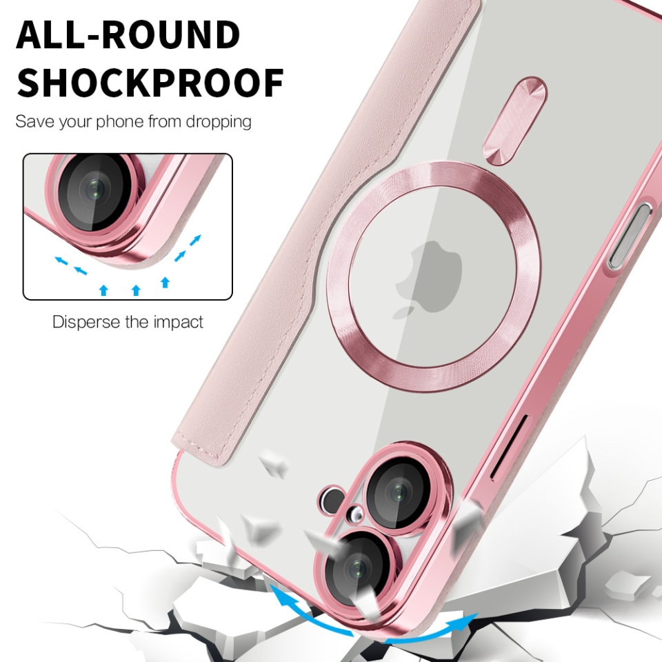 Husa pentru iPhone 16 tip carte, SKYDDAR INOVATION, SmartMag Book, Magsafe, RFiD, Suport Carduri, set cu sticker, Roz - 3 | YEO
