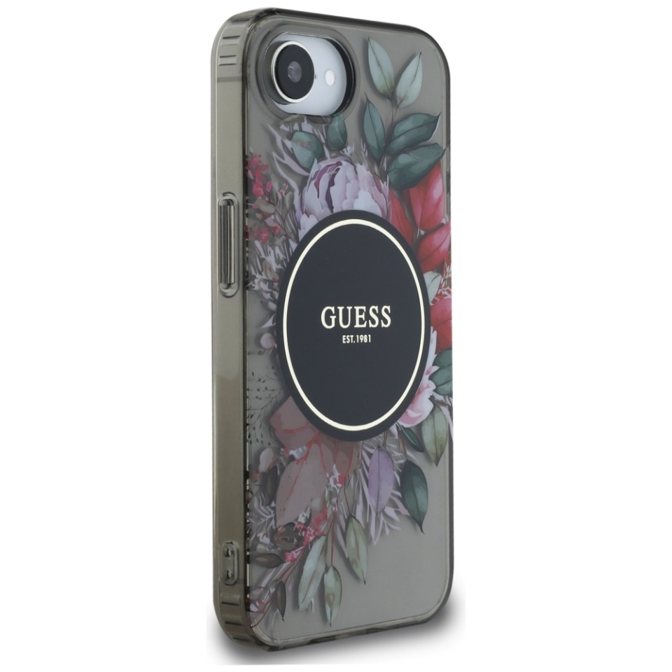 Husa pentru iPhone 16e, IML Flowers with Pearl Strap MagSafe, Guess - Negru - 3 | YEO