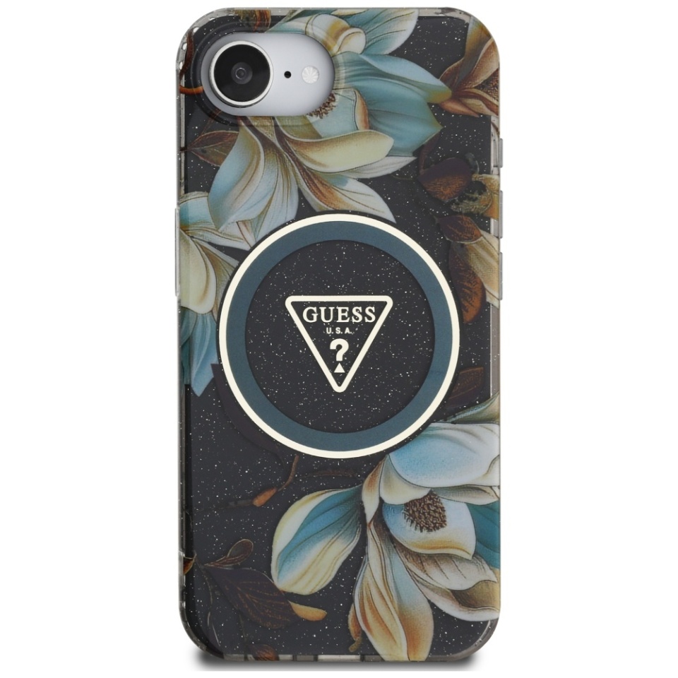 Husa pentru iPhone 16e, IML Flowers with Pearl Strap MagSafe, Guess - Negru - 2 | YEO
