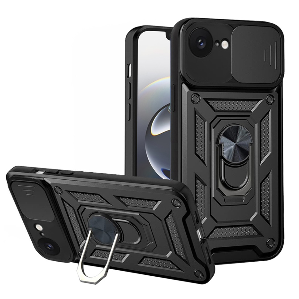 Husa pentru iPhone 16e, SKYDDAR INNOVATION, CamShield, Negru, set cu sticker