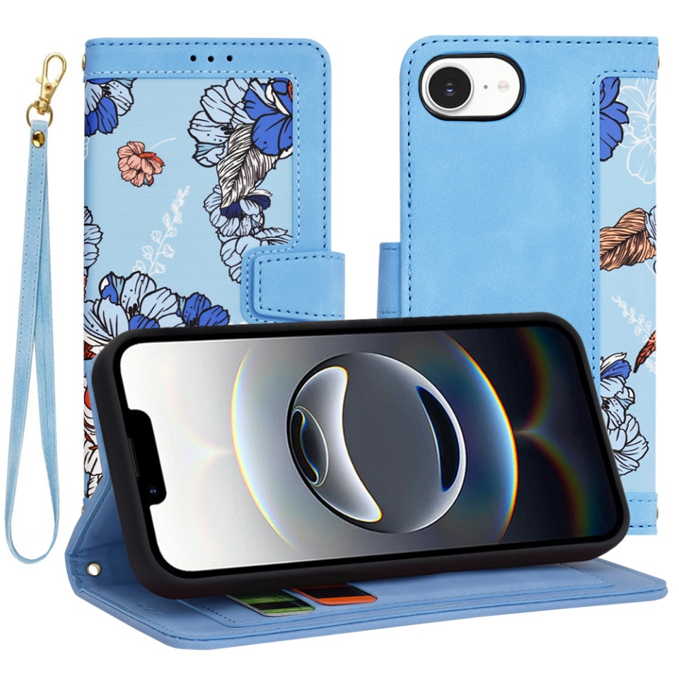 Husa pentru iPhone 16e, SKYDDAR INNOVATION, Floral Wallet, din Piele Ecologică cu Design Floral, Protecție 360°, Stand Integrat, Buzunare pentru Carduri, Bleu, set cu sticker