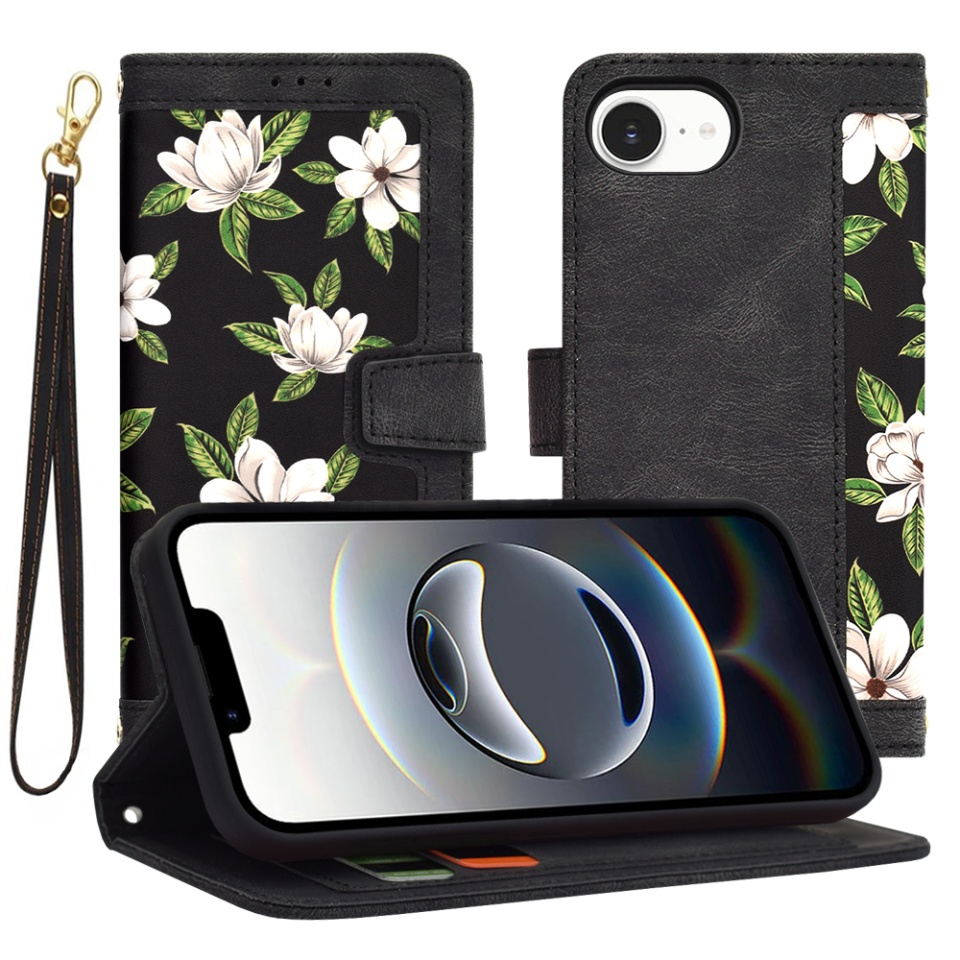 Husa pentru iPhone 16e, SKYDDAR INNOVATION, Floral Wallet, din Piele Ecologică cu Design Floral, Protecție 360°, Stand Integrat, Buzunare pentru Carduri, Negru, set cu sticker