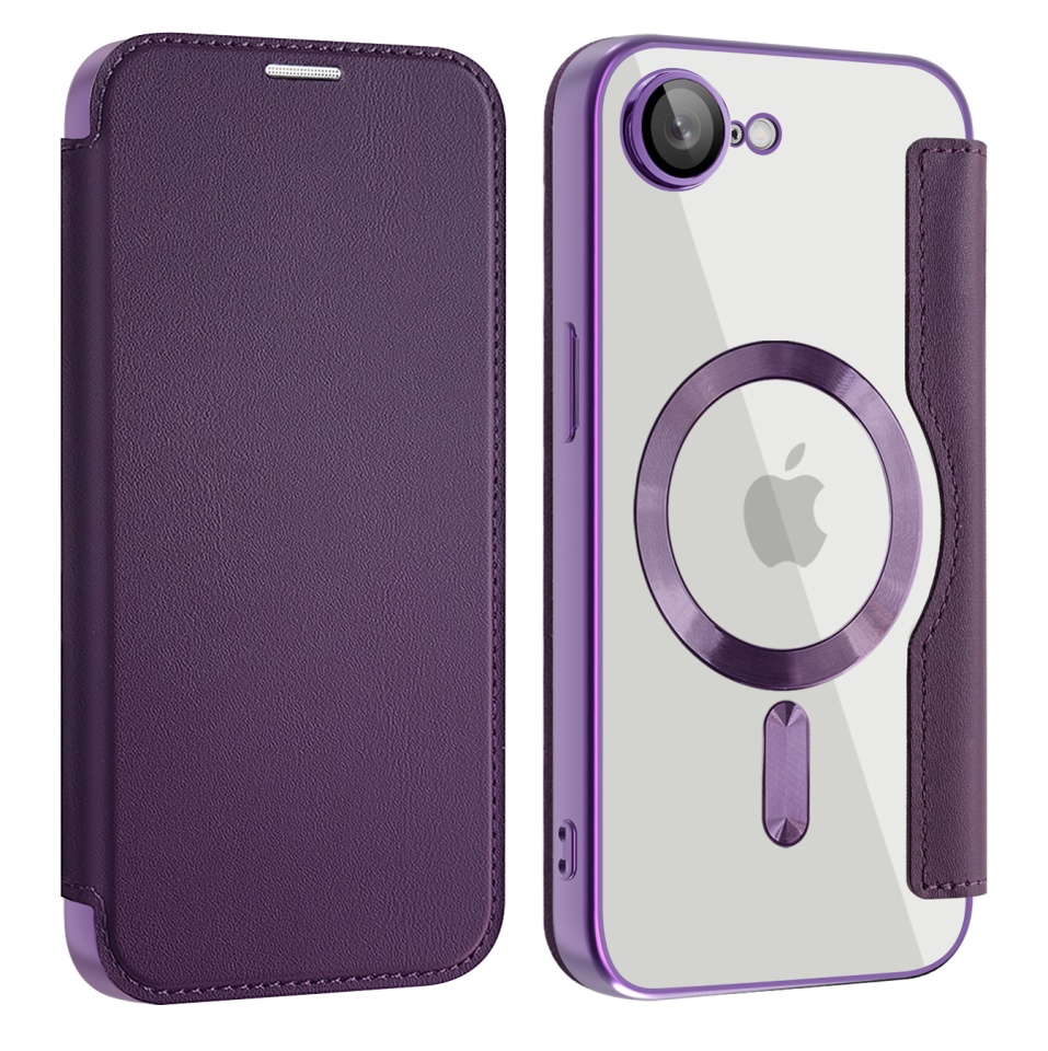 Husa pentru iPhone 16e tip carte, SKYDDAR INOVATION, SmartMag Book, Magsafe, RFiD, Suport Carduri, set cu sticker, Mov - 1 | YEO