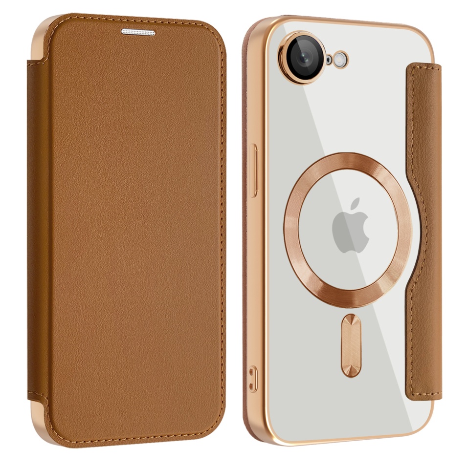 Husa pentru iPhone 16e tip carte, SKYDDAR INOVATION, SmartMag Book, Magsafe, RFiD, Suport Carduri, set cu sticker, Maro - 1 | YEO