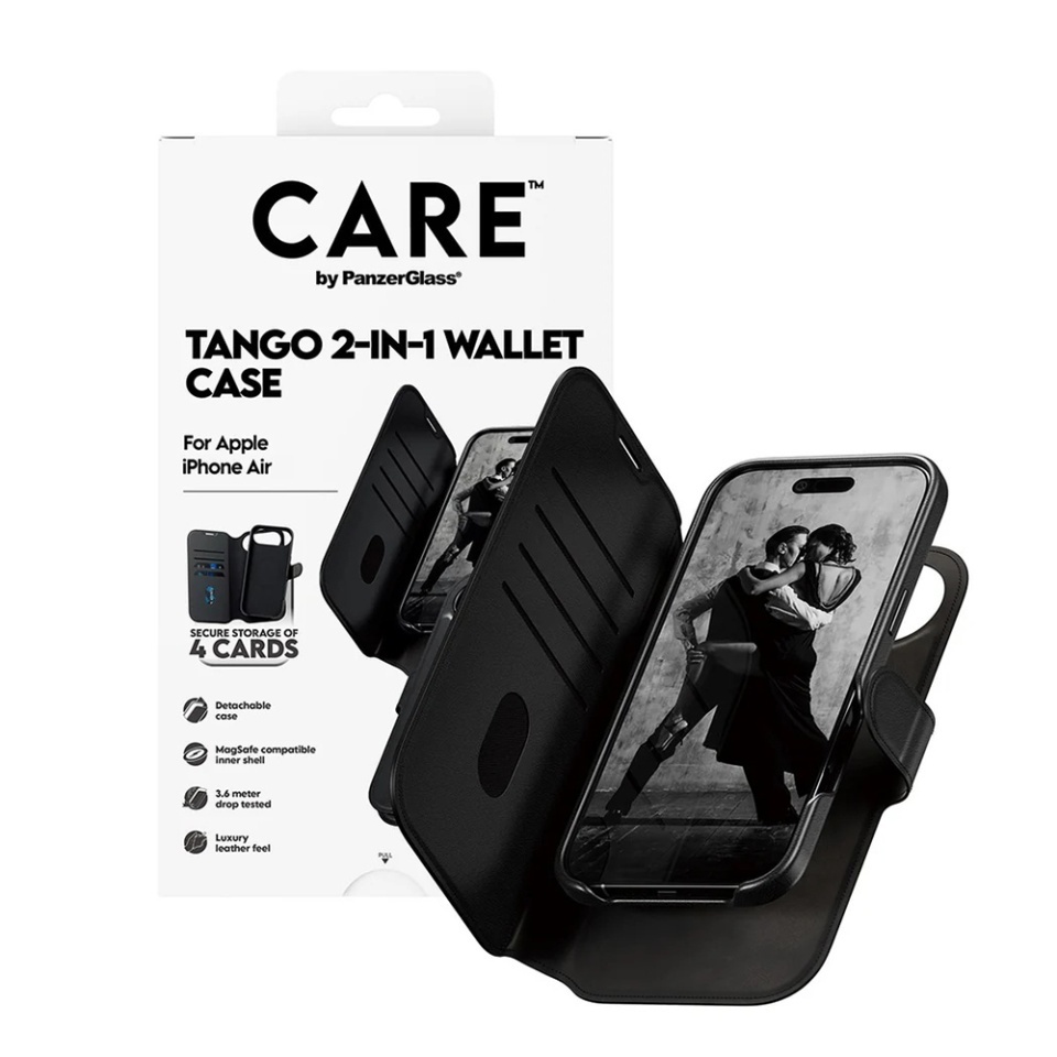 Husa pentru iPhone 17 Air, PanzerGlass, CARE Feature MagSafe Case Tango Two-in-One Wallet, Tip Carte Detasabila 2in1 cu Portofel si Prindere Magnetica, Piele Ecologica, Antisoc, Negru - 3 | YEO