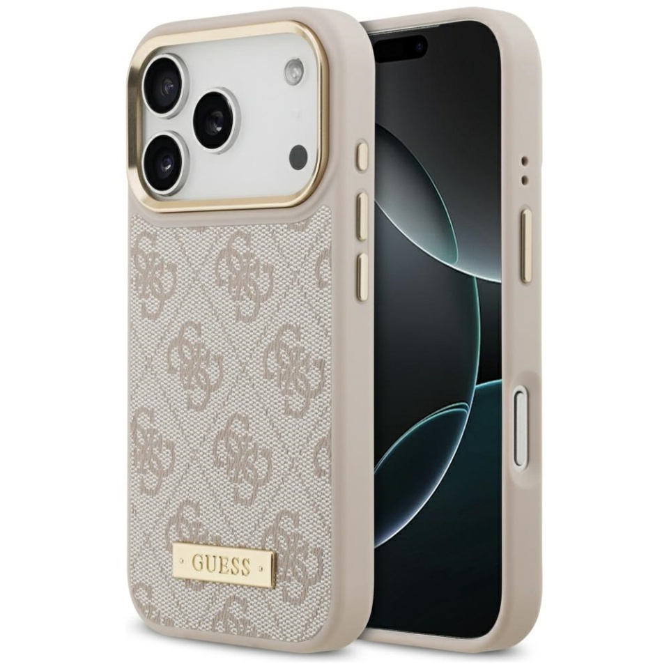 Husa pentru iPhone 17 Pro, Guess, Hardcase 4G Logo Plate MagSafe, Roz