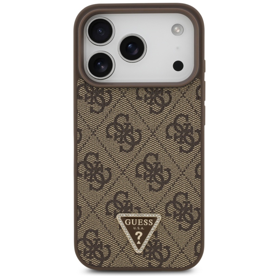 Husa pentru iPhone 17 Pro, Guess, Leather 4G Triangle Strass, Maro - 1 | YEO