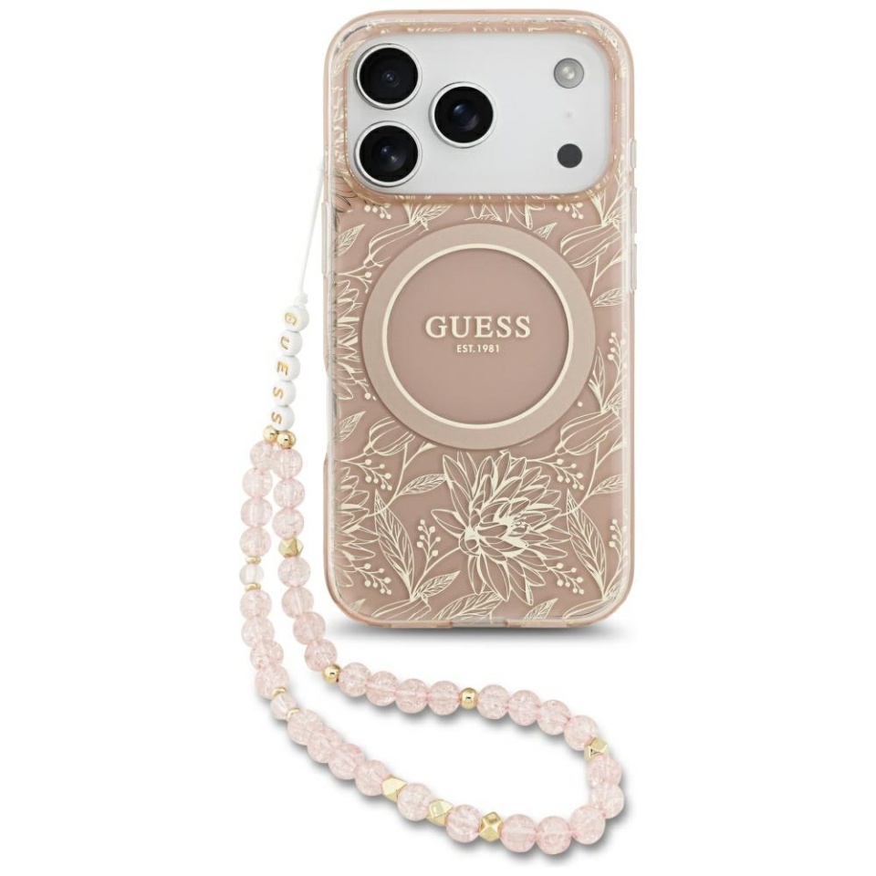 Husa pentru iPhone 17 Pro, IML Flowers with Pearl Strap MagSafe, Guess - Roz