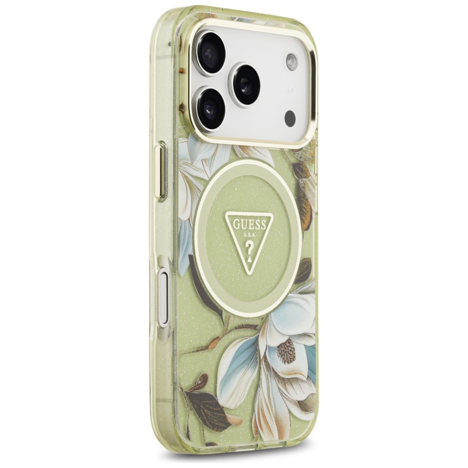 Husa pentru iPhone 17 Pro, IML Flowers with Pearl Strap MagSafe, Guess - Verde - 2 | YEO