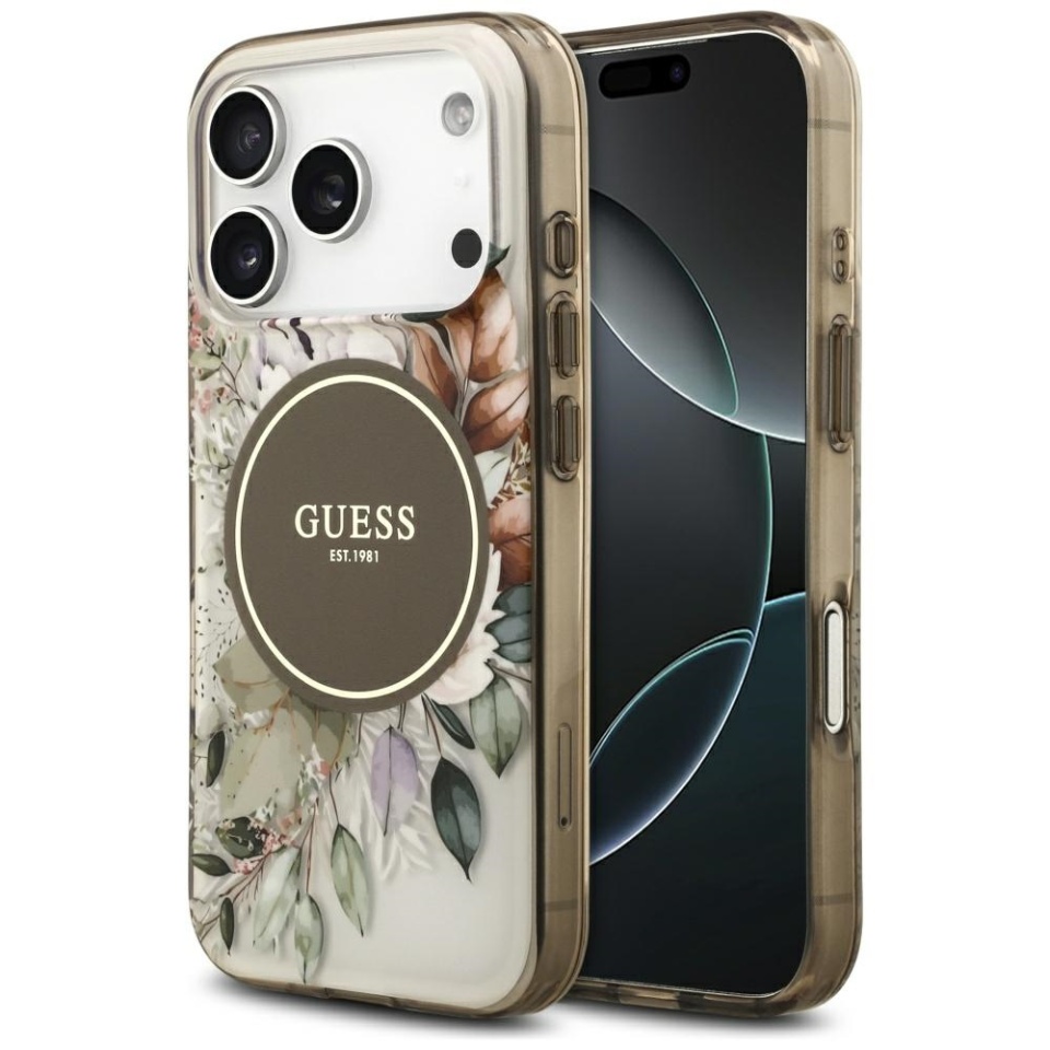 Husa pentru iPhone 17 Pro, IML Flowers with Pearl Strap MagSafe, Guess - Maro