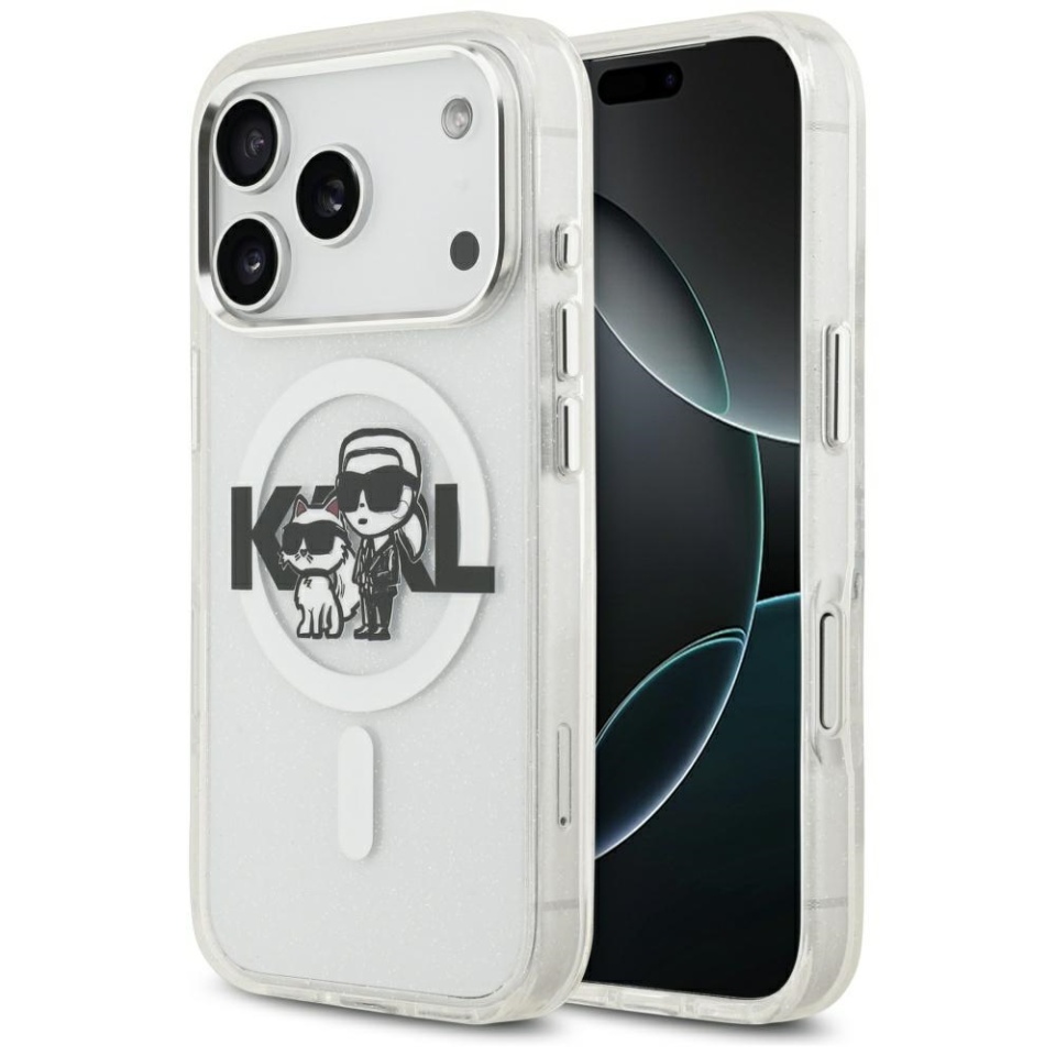 Husa pentru iPhone 17 Pro, IML Glitter K&C Heads Logo MagSafe, Clear Mono Karl&Choupette