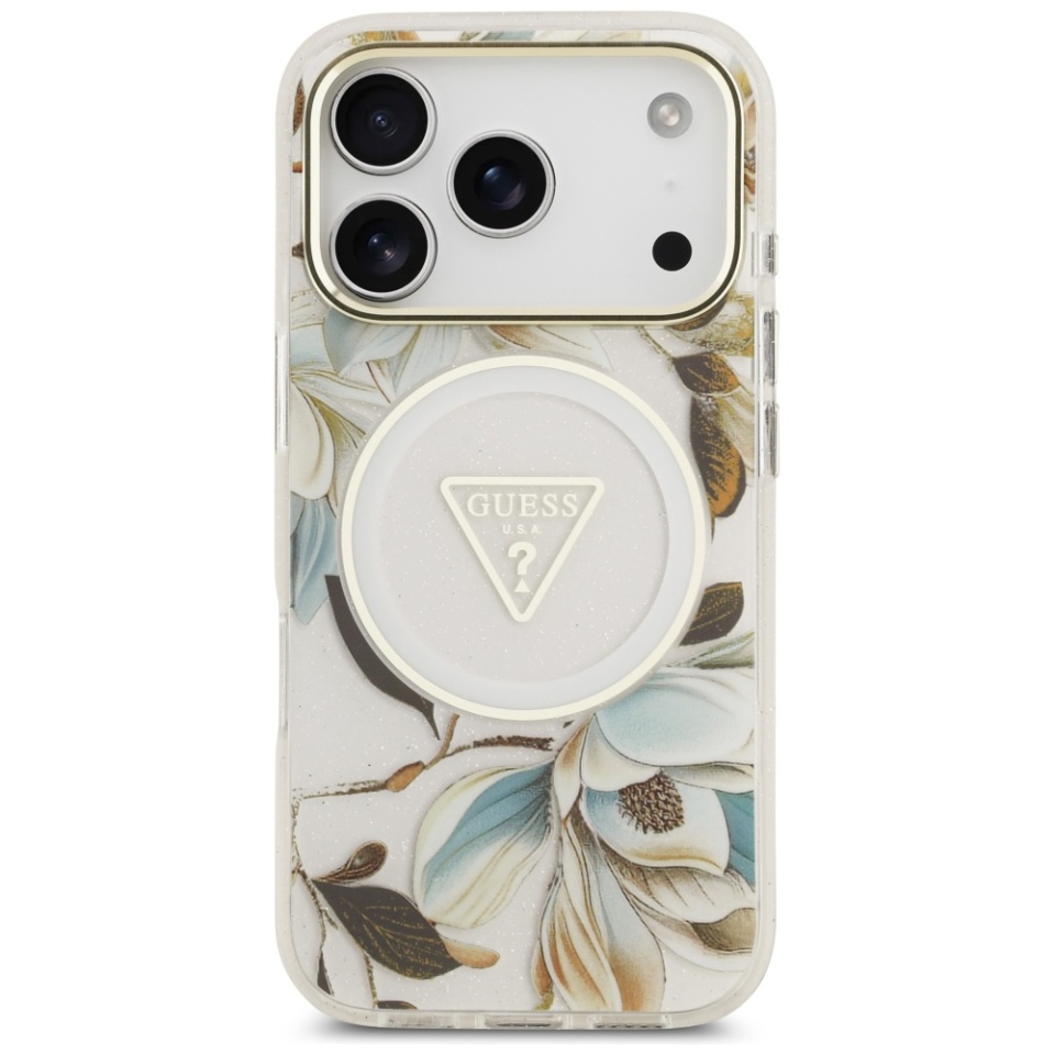 Husa pentru iPhone 17 Pro Max, IML Flowers with Pearl Strap MagSafe, Guess - Alb - 3 | YEO