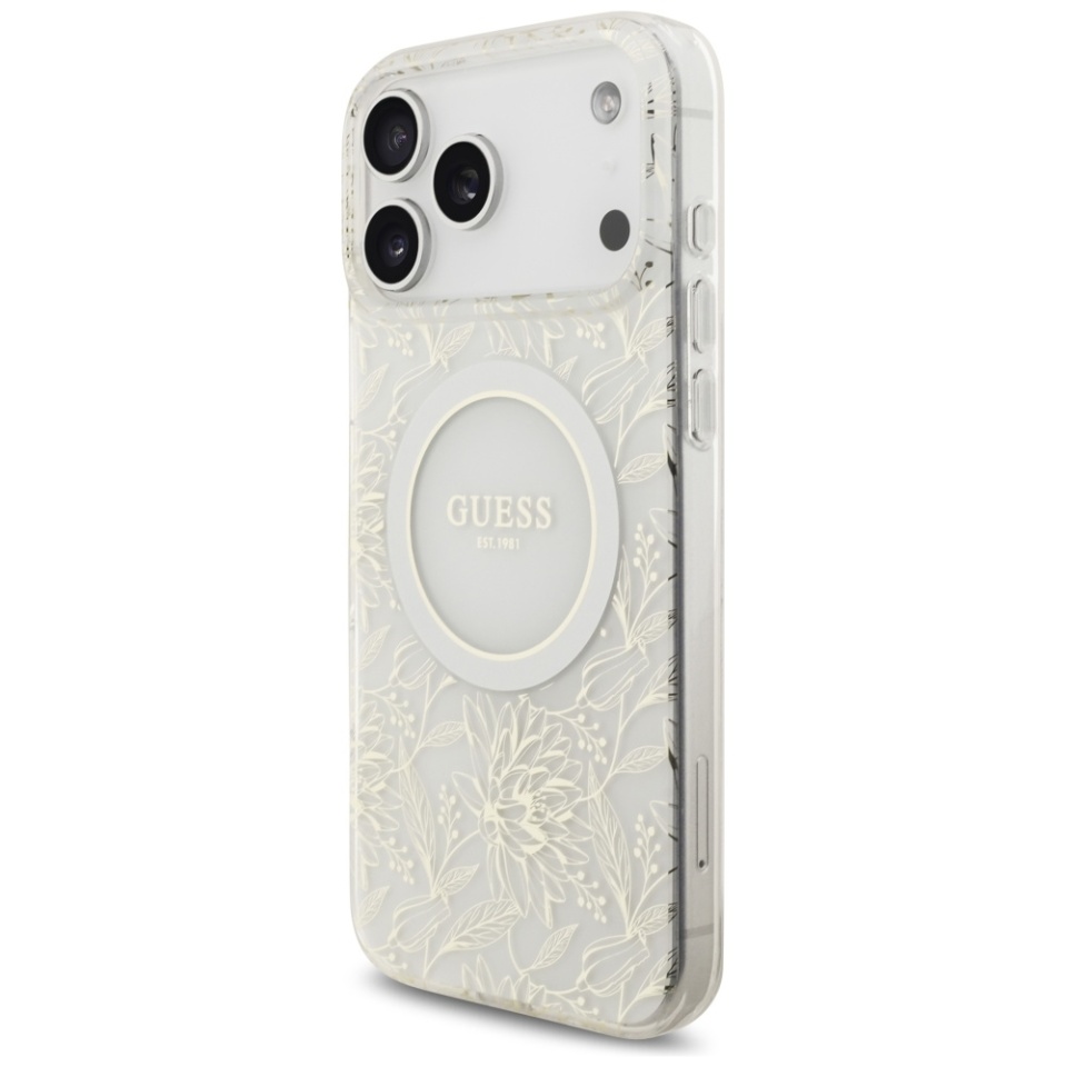 Husa pentru iPhone 17 Pro Max, IML Flowers with Pearl Strap MagSafe, Guess - Negru - 2 | YEO